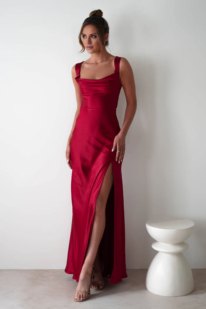 Square neckline satin side slit and floor length Prom dress - Jimiss Dress