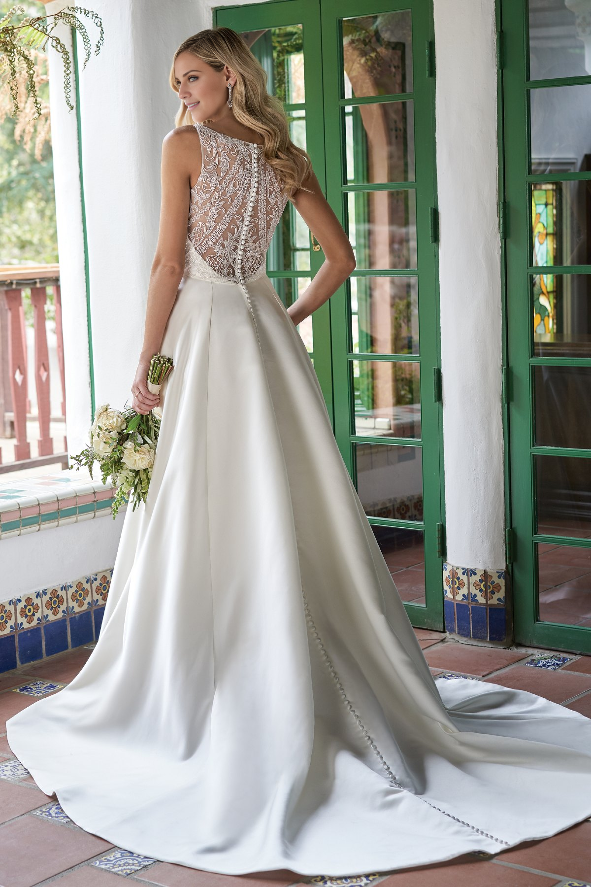 A-line V-neck satin embroidered bead and floor length wedding dress