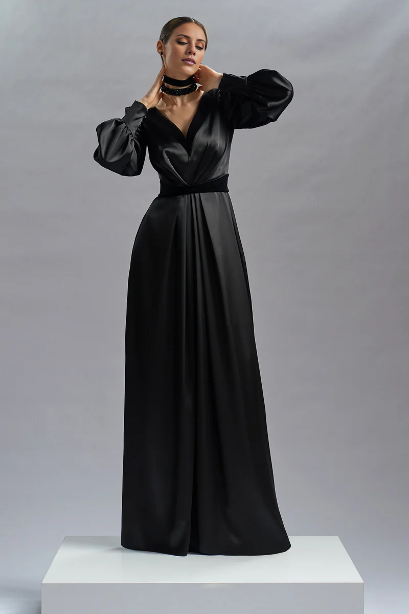 Deep V-neck satin long sleeved and floor length evening gown