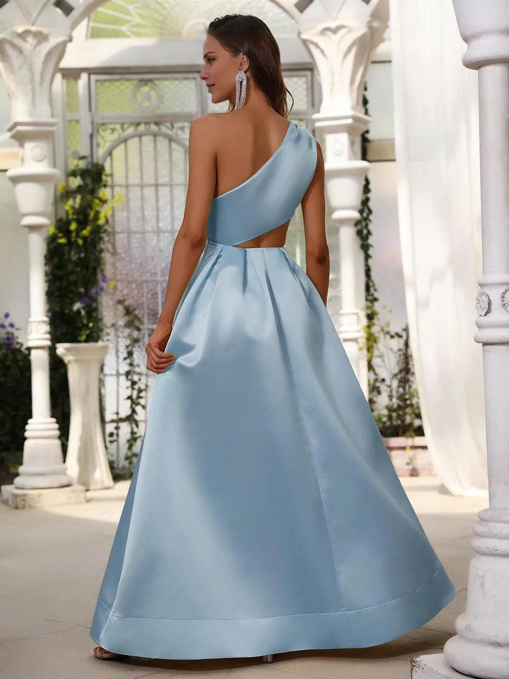 One shoulder hollow satin and floor length formal dress