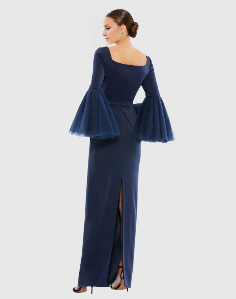 Ruffle sleeves square neck back slit floor length evening dress
