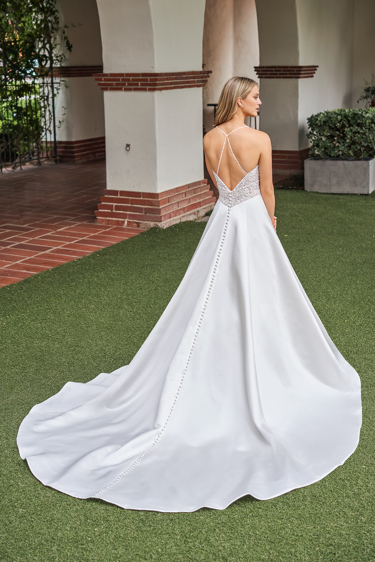 A-line satin deep V-neck beaded body and floor length wedding dress