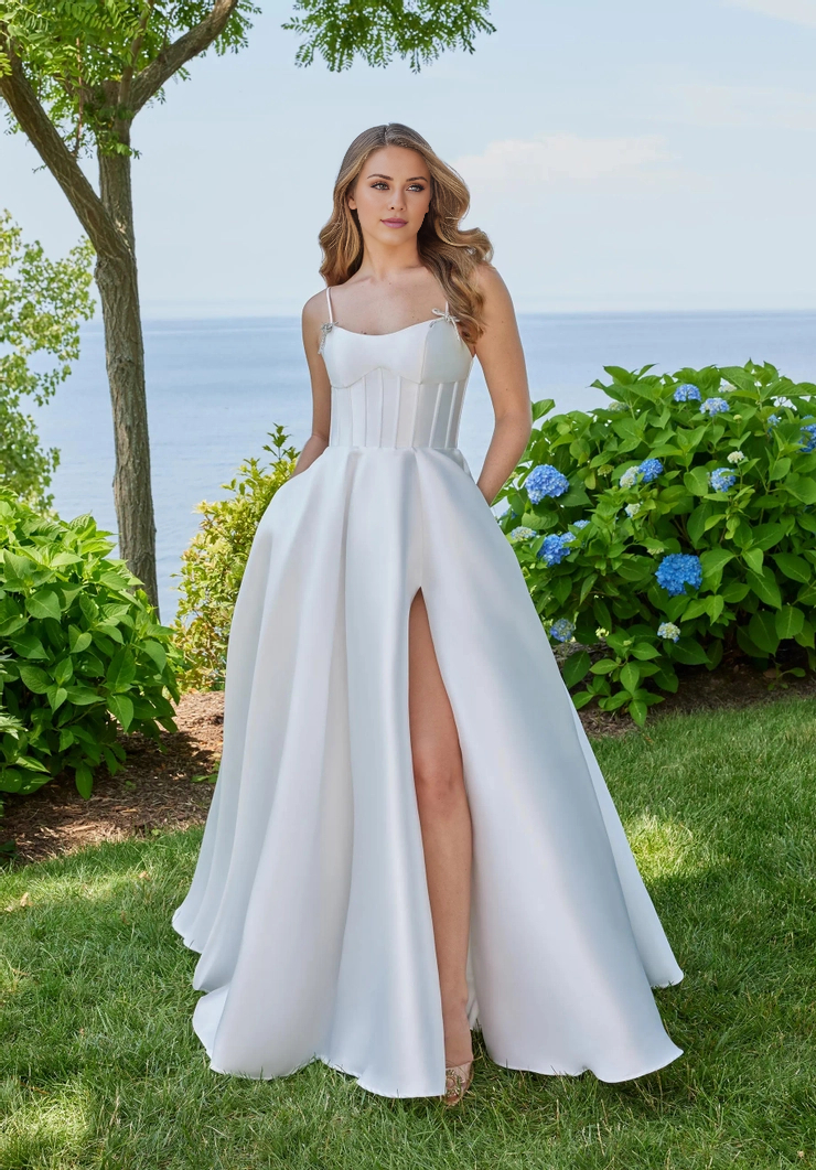 A-line spoon collar front slit and floor length evening gown