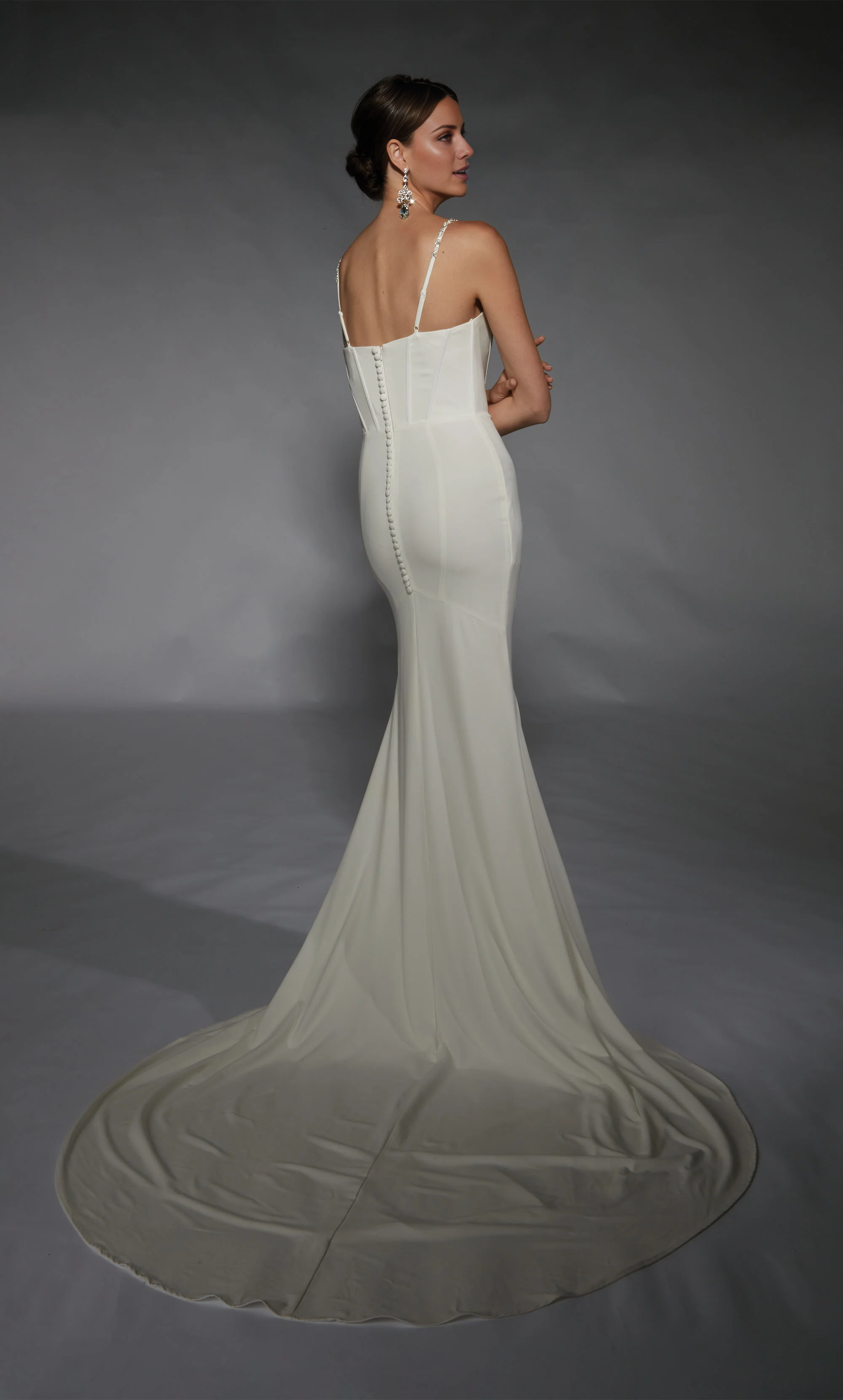 Deep V-neck straight tube backless tight corset with slit wedding dress