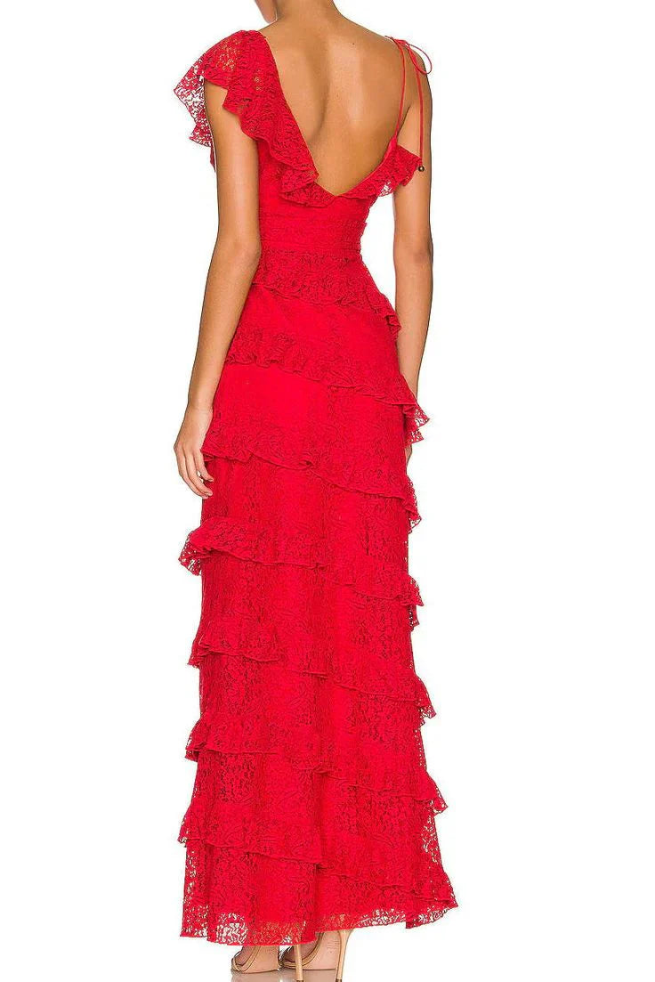 Red lace long ball gown layered evening gown graduation gown