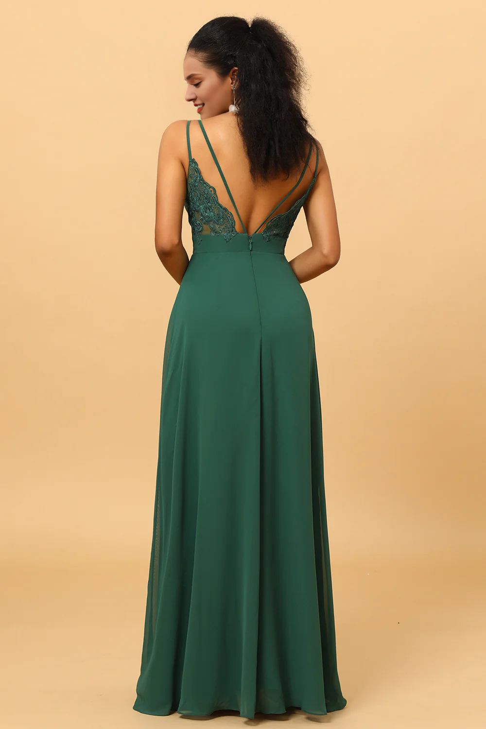 Deep green A-line V-neck and floor length chiffon bridesmaid dress