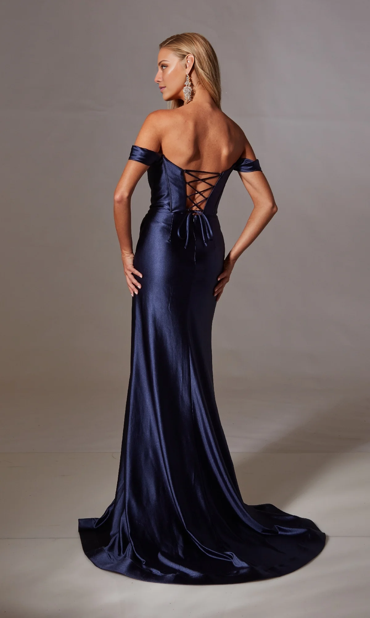 Jimiss off shoulder satin sleeveless side slit and floor length evening dress