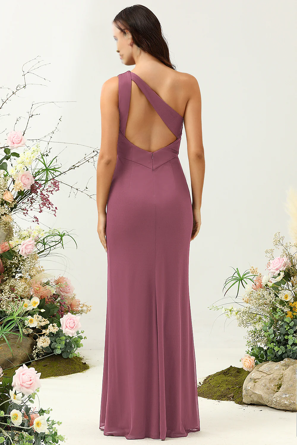 Desert Rose Tail One Shoulder Long Split Bridesmaid Dress