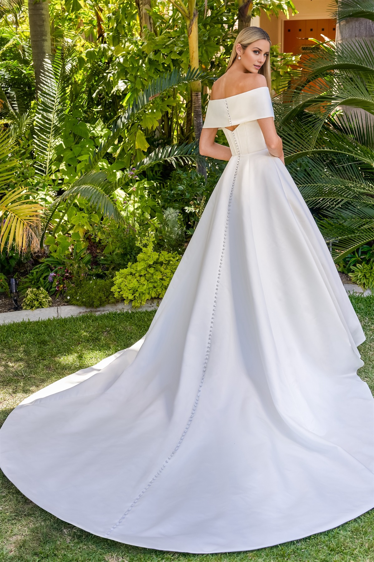 Satin off shoulder collar tight corset and floor length wedding dress