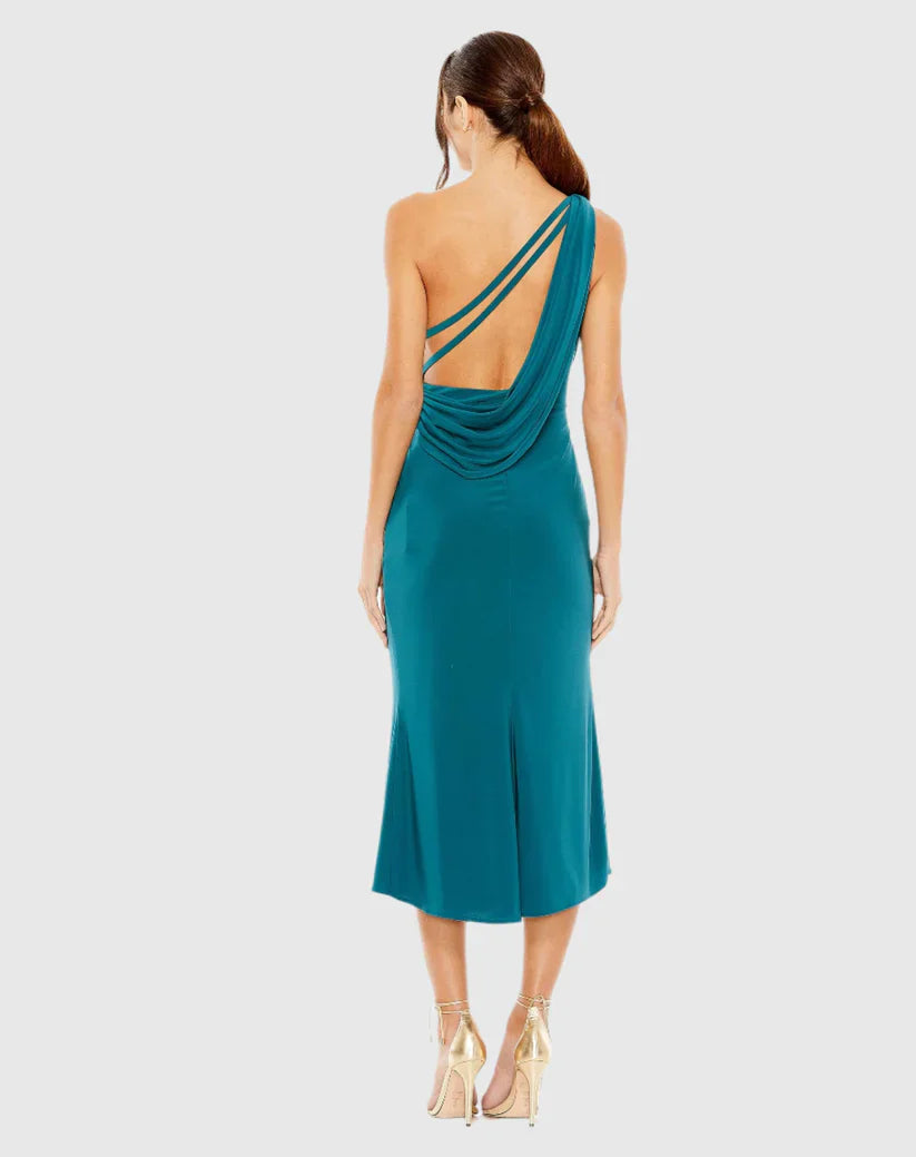 One shoulder sleeveless side slit long evening dress