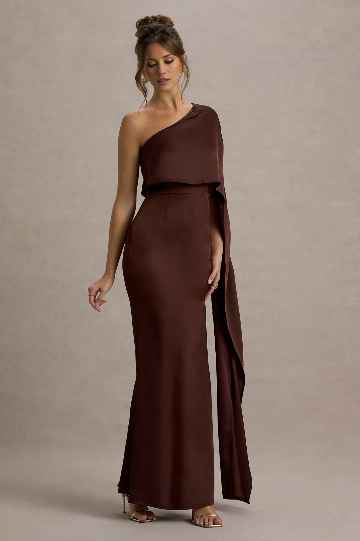 Asymmetric satin cape with side slit and floor length even dress - Jimiss Dress