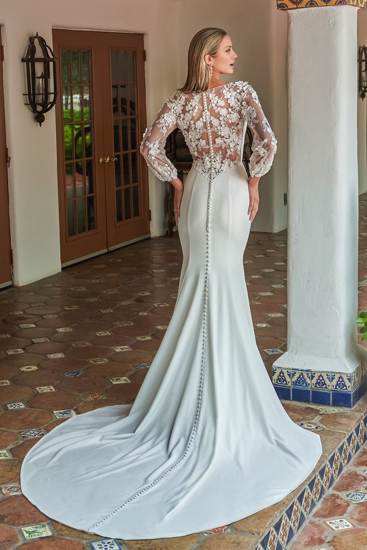 Deep V-neck 3D embroidered floral lace and floor length wedding dress