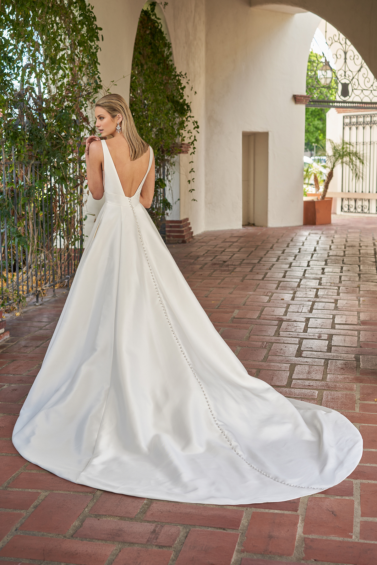A-line V-neck satin high waisted and floor length wedding dress