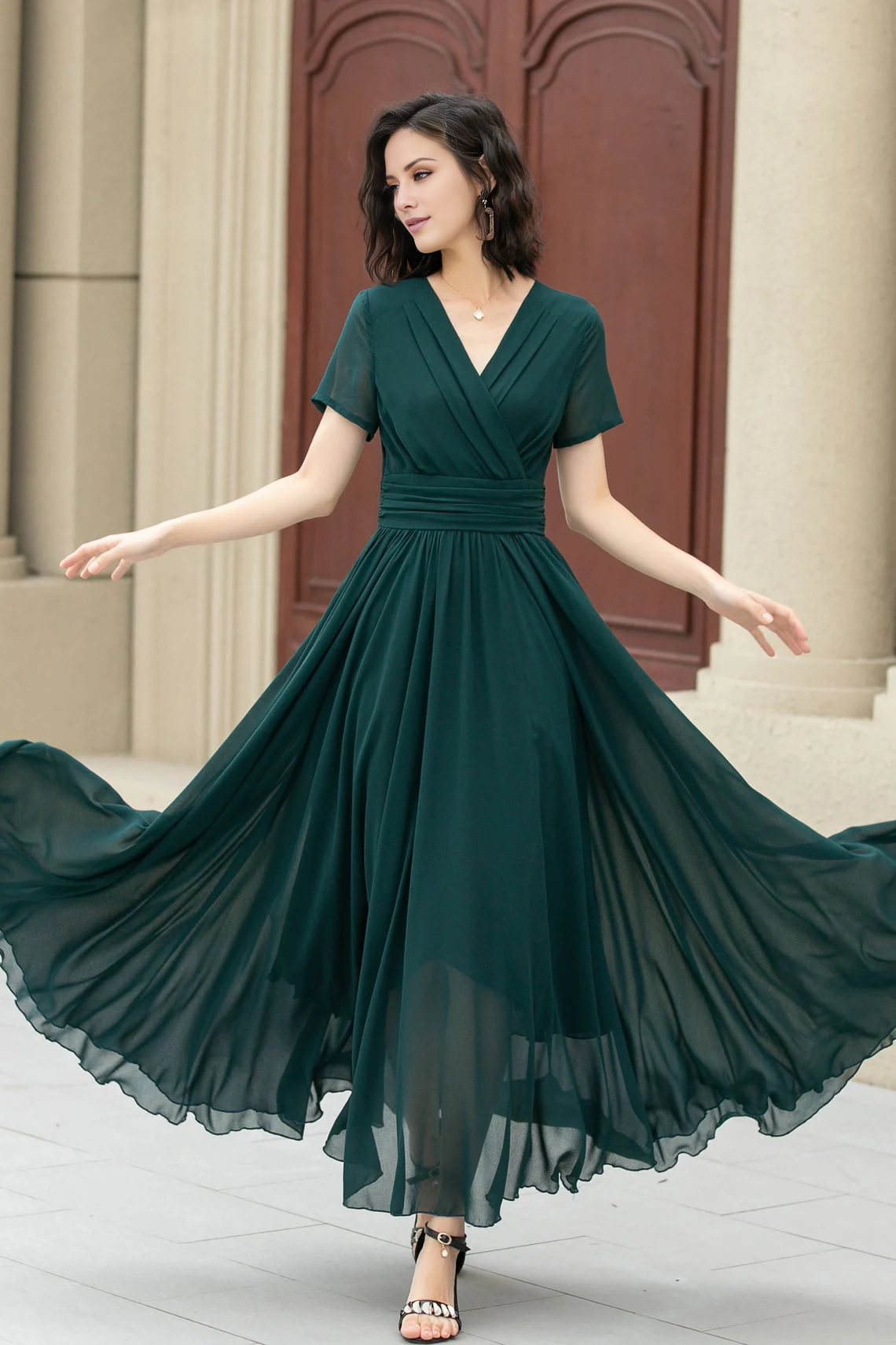 Jimiss - V-neck short sleeved chiffon flowing long Prom dress