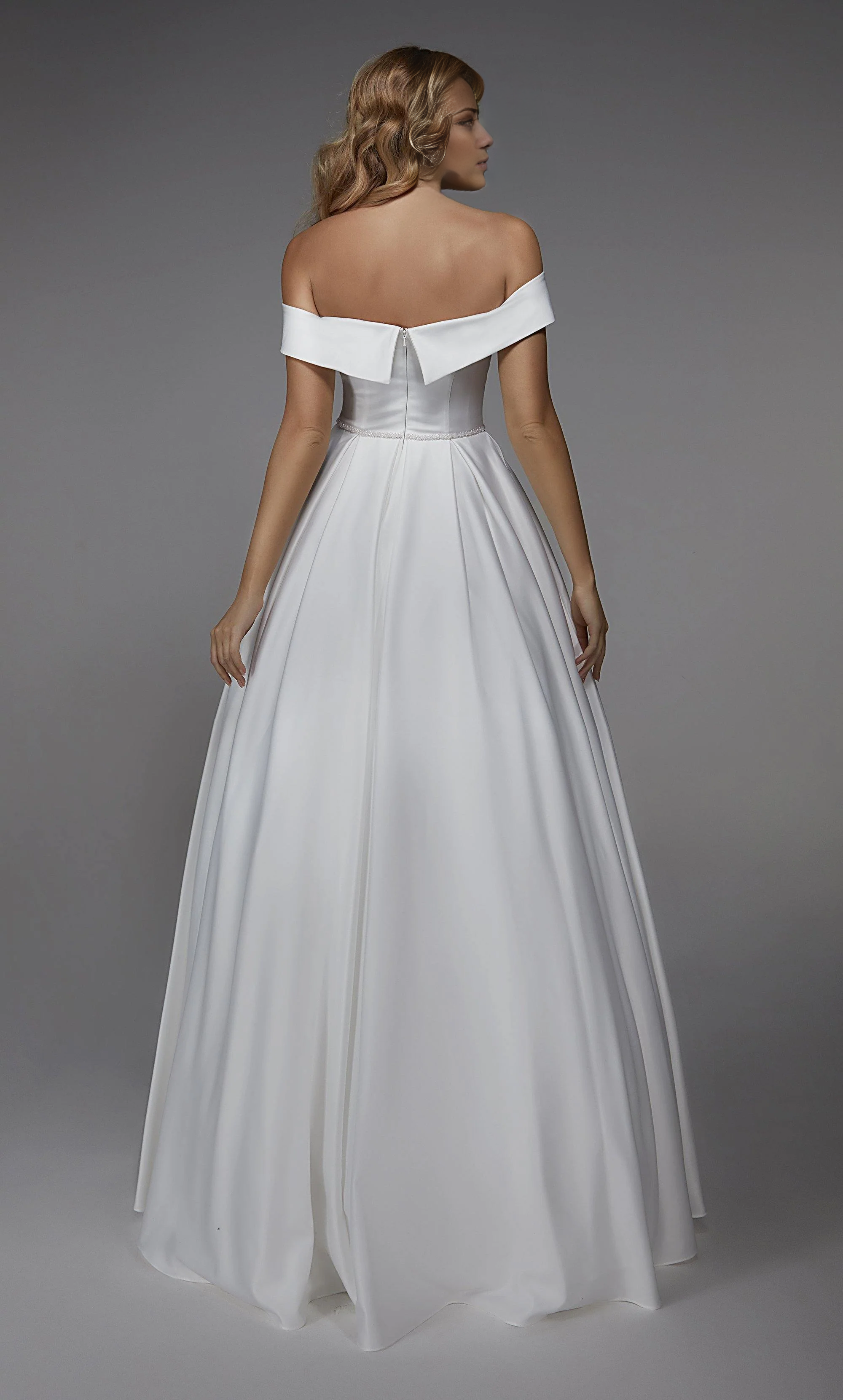 Perfect satin off shoulder A-line backless and floor length wedding dresses