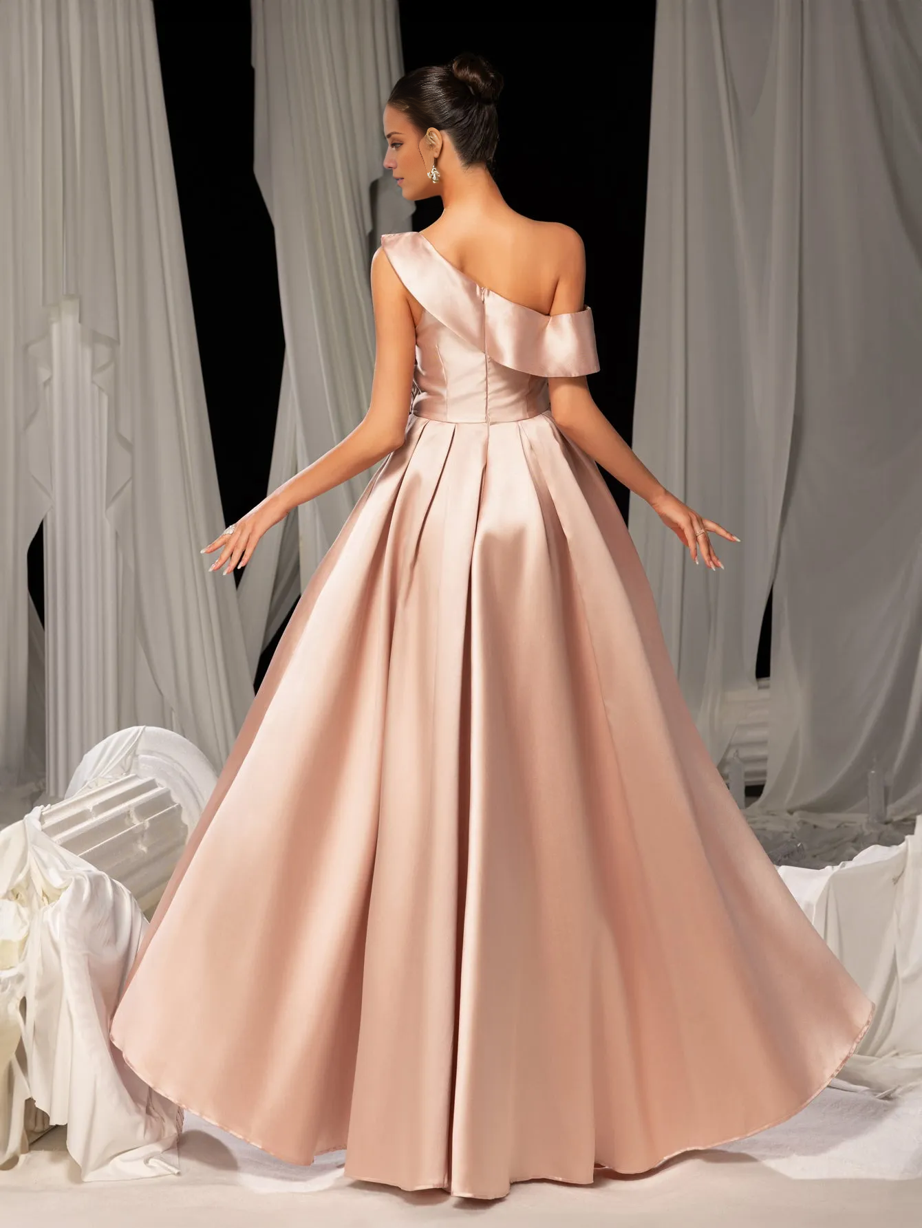 Slant neck slit A-line satin and floor length formal dress