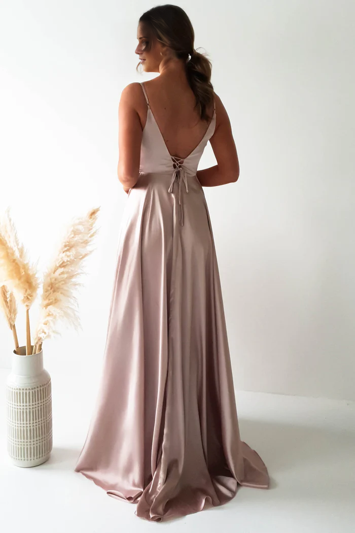 Thin shoulder strap V-neck side slit and floor length Prom dress - Jimiss Dress