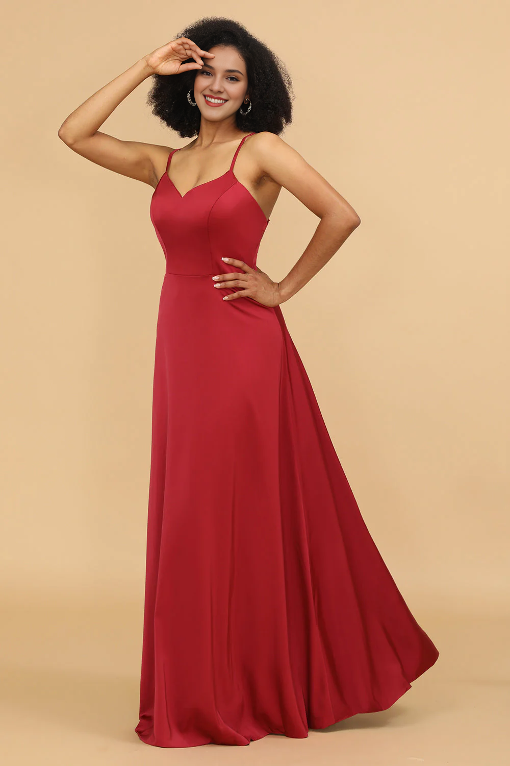 Red A-line thin shoulder strap and satin bridesmaid dress