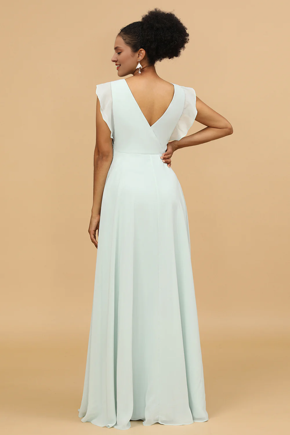 Mint V-neck long slit chiffon bridesmaid dress
