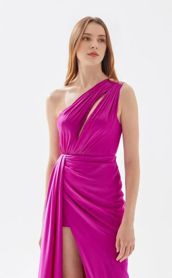 Asymmetric neckline backless side slit and floor length evening dress