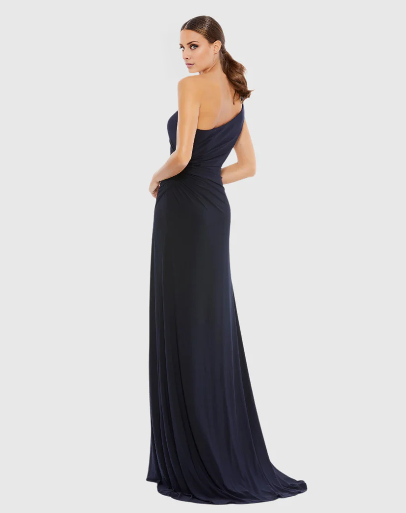 One shoulder neckline sleeveless side slit floor length evening dress