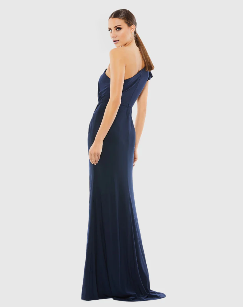 One-shoulder draped ruffled floor-length evening dress
