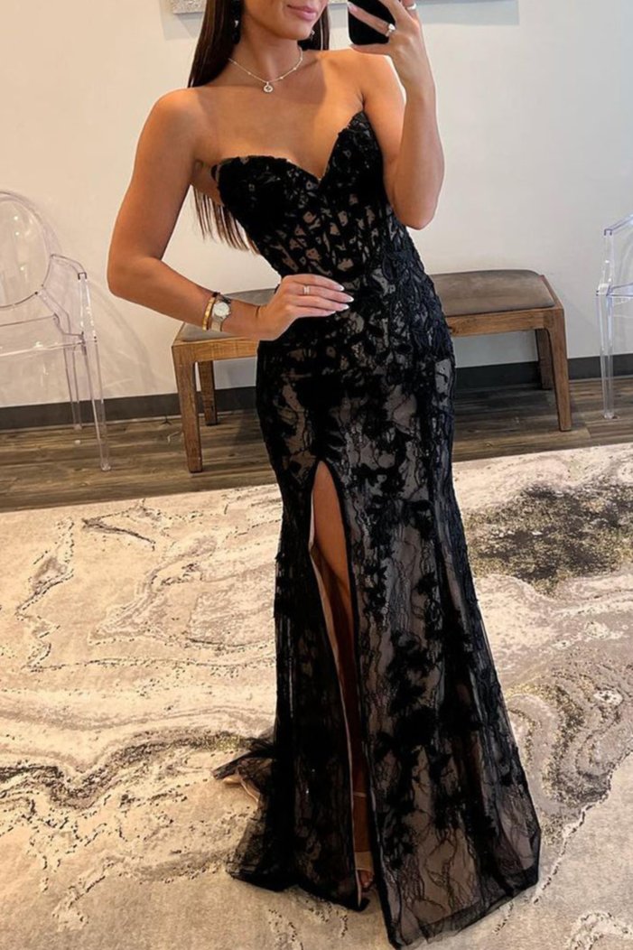 Mermaid Strapless Lace Prom Dress with Slit