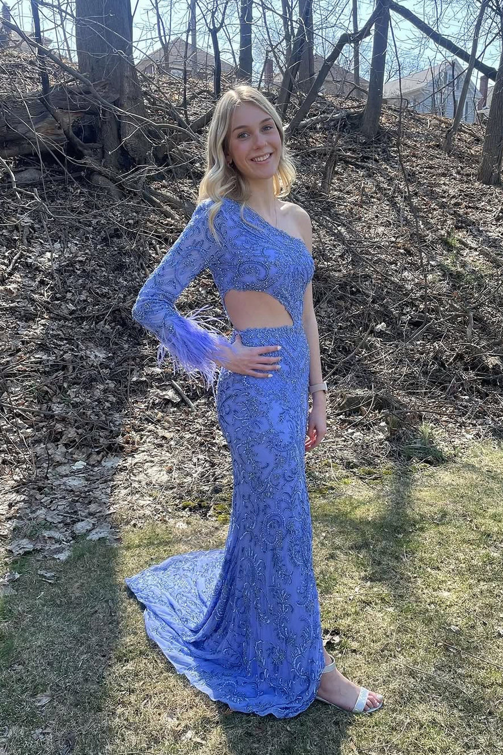 Mermaid One Shoulder Long Sleeve Lavender Sequins Long Prom Dresses