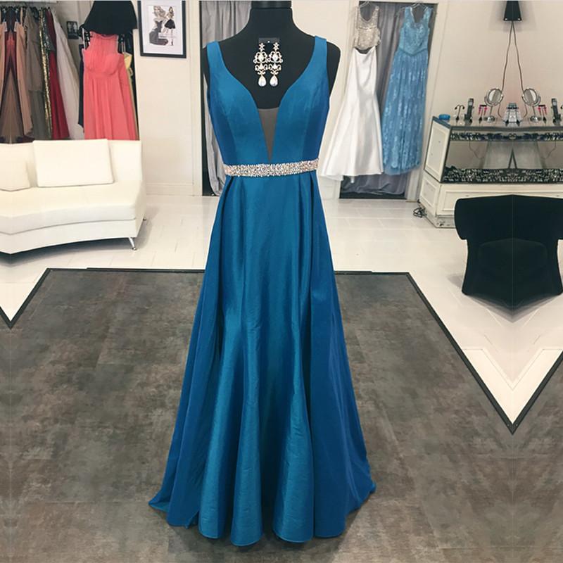 Long Satin V Neck Prom Evening Dresses Beaded Sashes