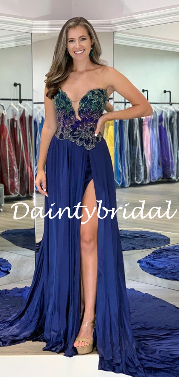 Sexy Sweetheart Side Slit Prom Dresses Evening Dresses With Long Train.DB10788