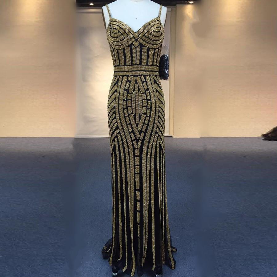 unique Golden Stripe Beading V Neck Long Mermaid Prom Evening Dresses