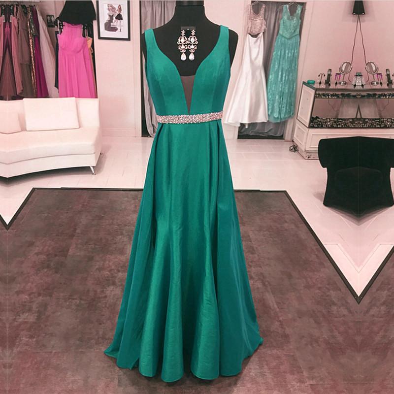 Long Satin V Neck Prom Evening Dresses Beaded Sashes