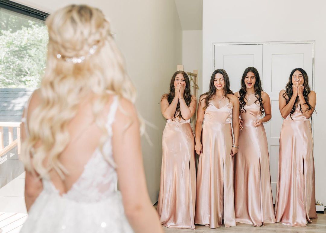 Weitese Beautiful A Line Spaghetti Straps Blush Long Bridesmaid Dress with Split Front