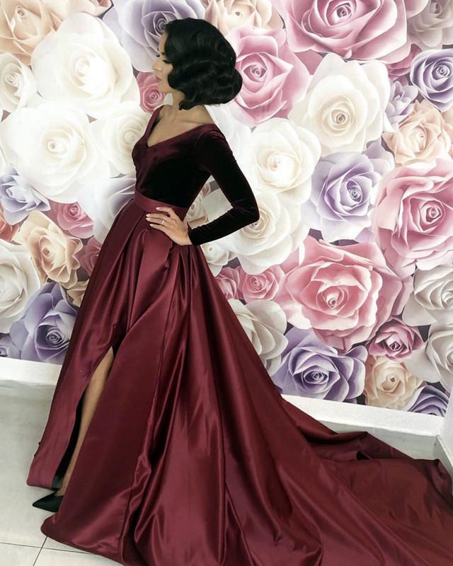 Velvet Long Sleeves Satin Prom Dresses Leg Slit Evening Gowns