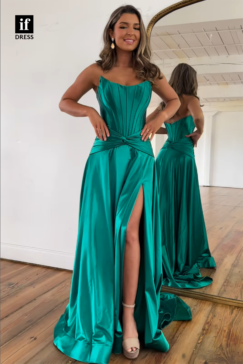 30837 - Off-Shoulder Scoop Pleats Side Split Long Party Prom Evening Dress