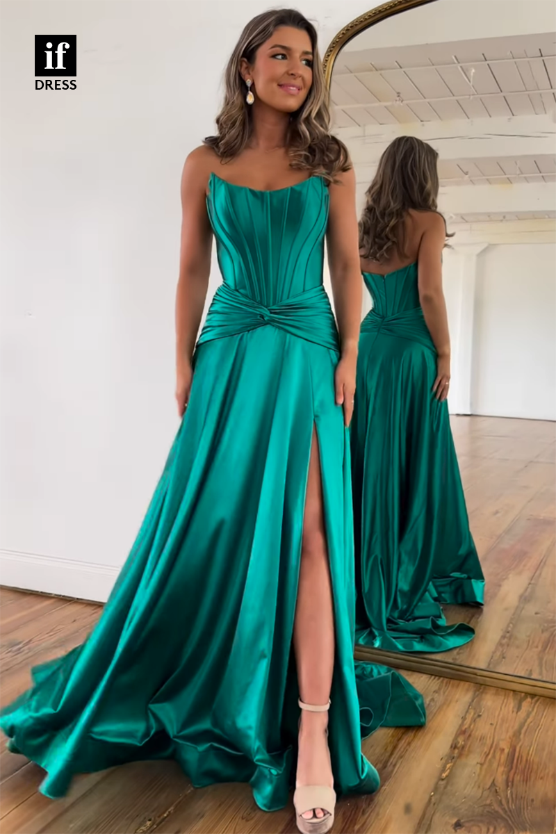 30837 - Off-Shoulder Scoop Pleats Side Split Long Party Prom Evening Dress