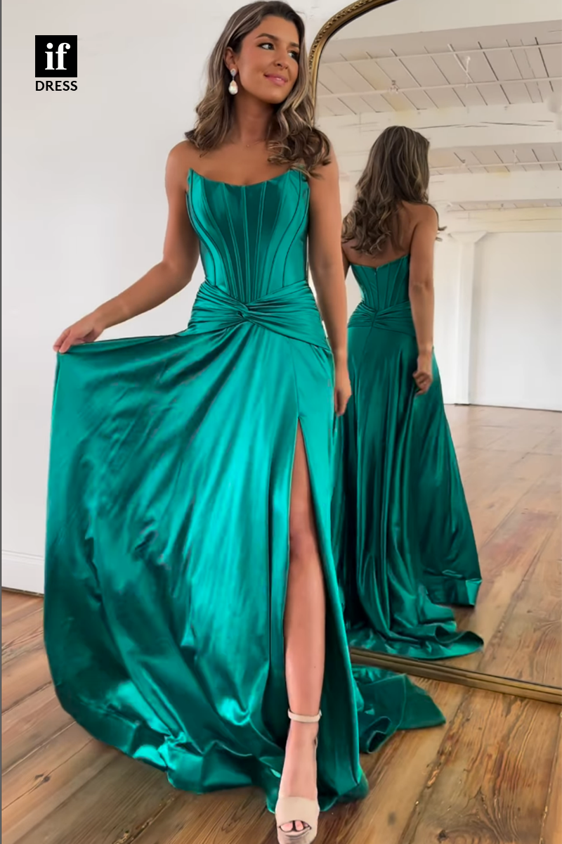 30837 - Off-Shoulder Scoop Pleats Side Split Long Party Prom Evening Dress