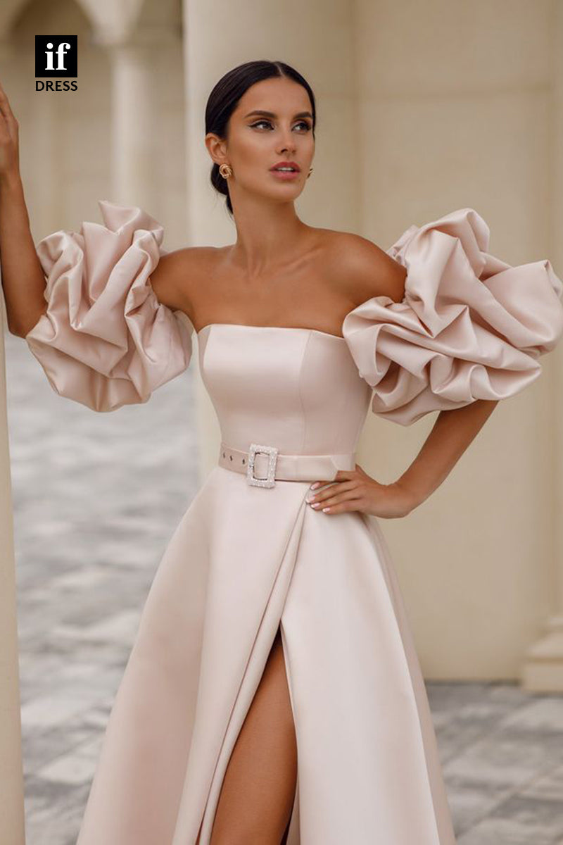 30865 - A-Line Strapless Puff Sleeves Belt High Split Satin Long Prom Formal Dress