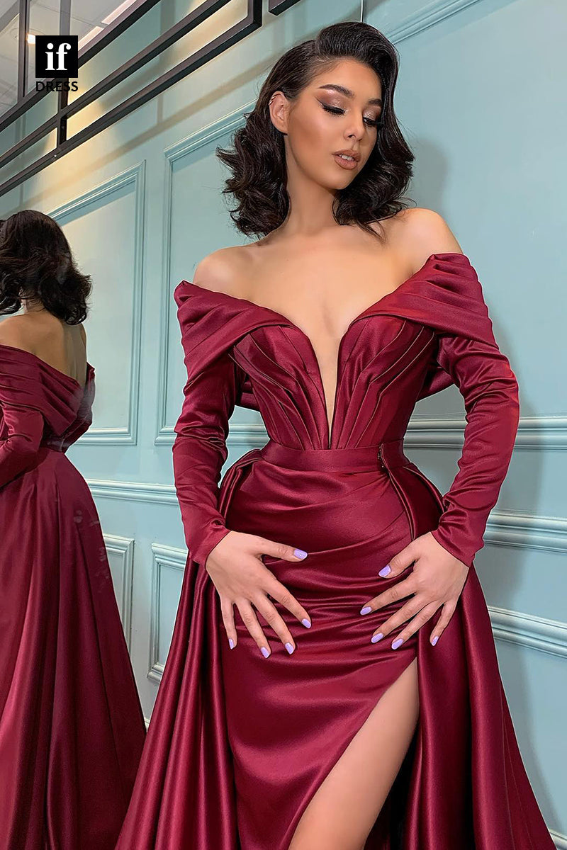 30907 - Off Shoulder Long Sleeves Burgundy Prom Evening Dress with Slit