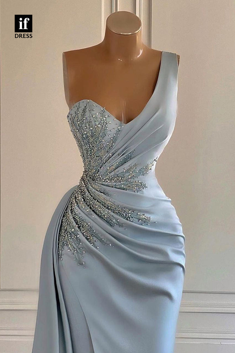 30910 - One Shoulder A-Line Pleats Beads Long Prom Evening Dress with Slit