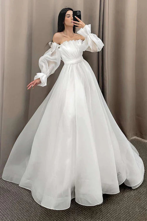Aimishang Elegant White Off the Shoulder Pleated A-Line Long Wedding Dress with Sleeves