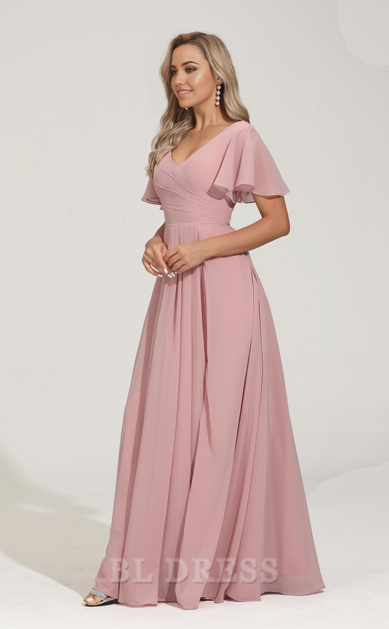 A-line V Neck Short Sleeves Chiffon Pleated formal dresses Bridesmaid Dresses evening gown Prom Dress with Slit