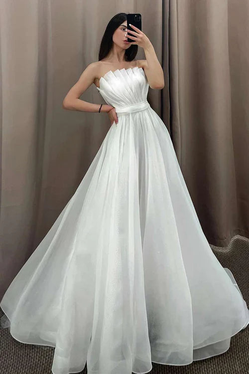 Aimishang Elegant White Off the Shoulder Pleated A-Line Long Wedding Dress with Sleeves