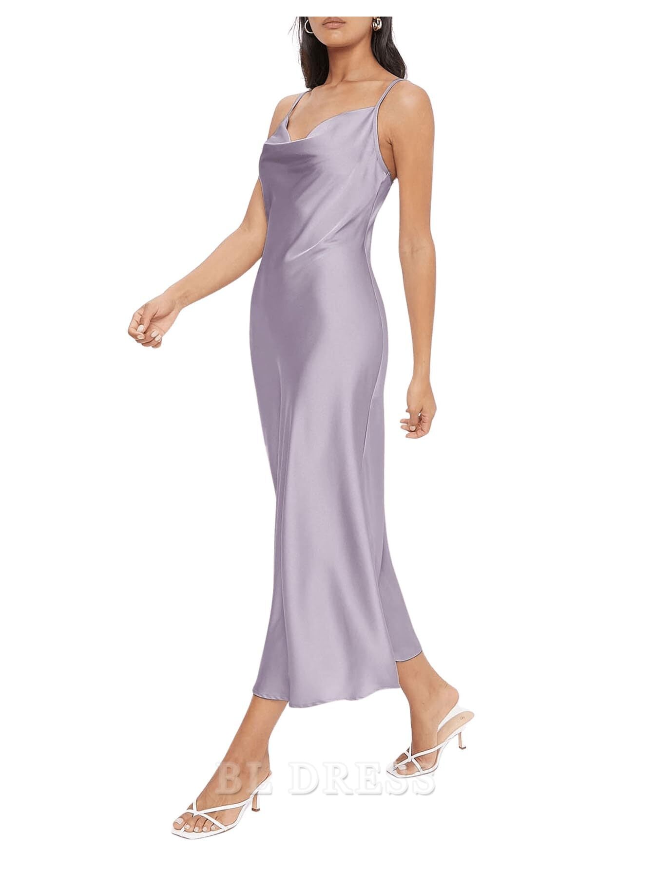 Sheath Spaghetti Strap Cowl Neck Long Slip Satin formal dresses Bridesmaid Dresses evening gown Prom Dress