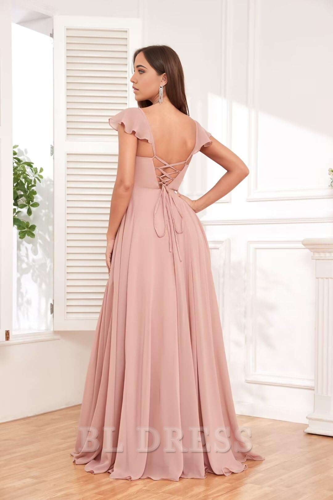 A-line Ruffle Backless Chiffon Pleated formal dresses Bridesmaid Dresses evening gown Prom Dress with Pockets Slit