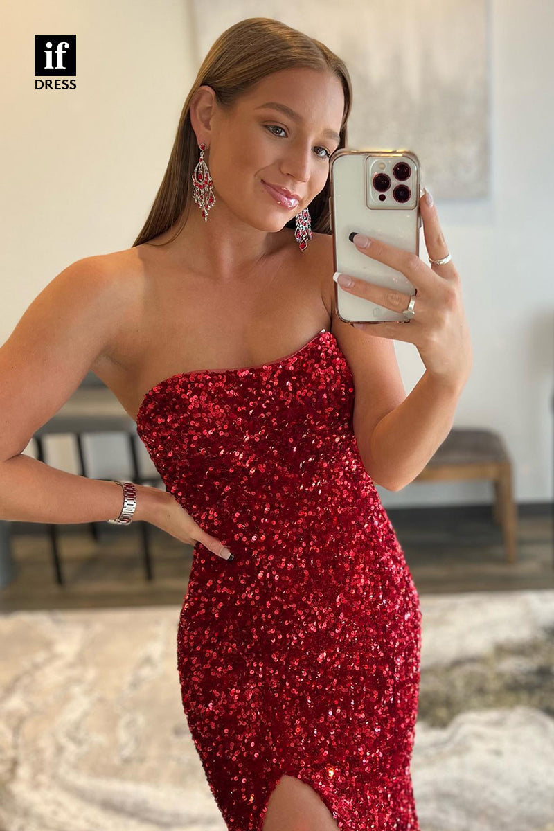 31832 - Classic Strapless Scoop Side Slit Sparkly Sequined Long Prom Party Dress