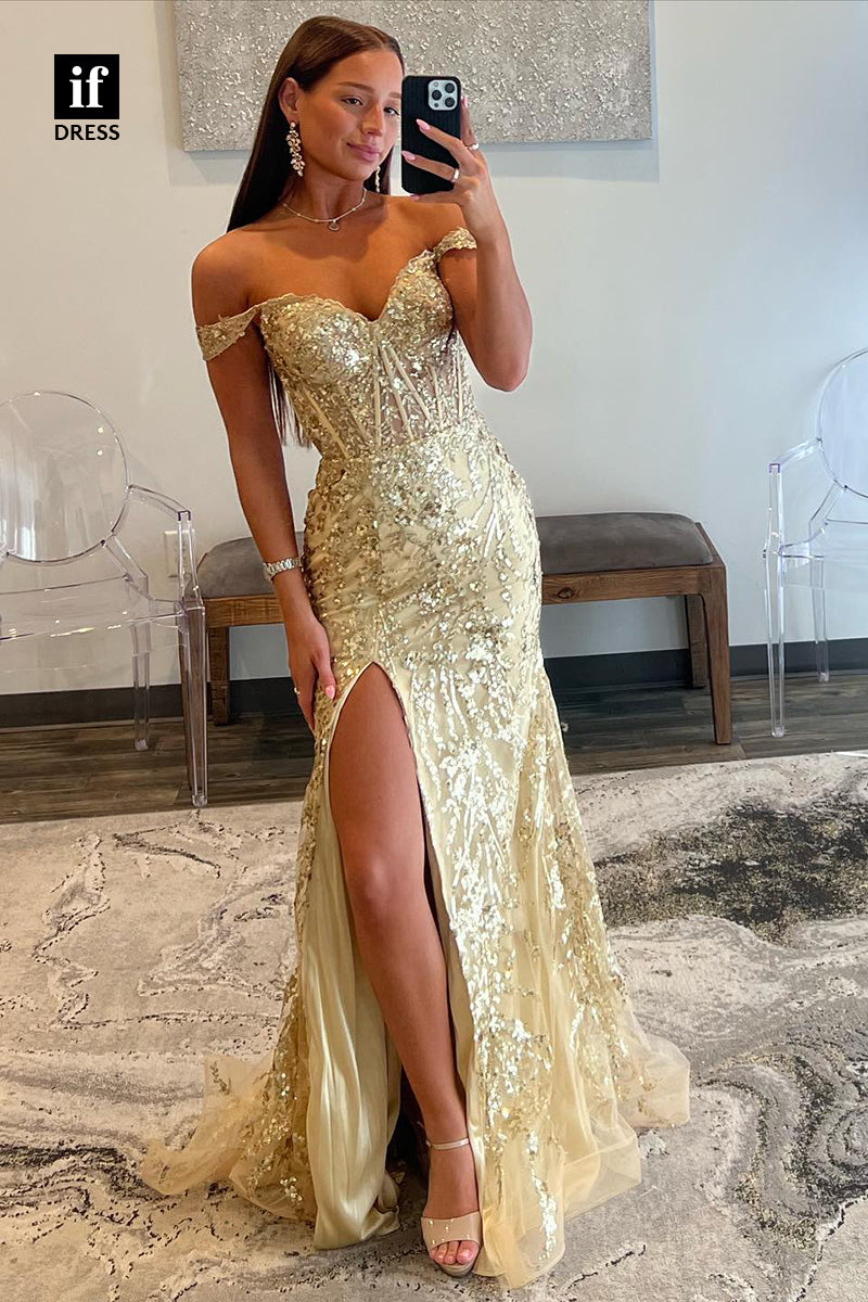 31840 - Attractive Sweetheart Sequins Appliques High Slit Mermaid 2024 Prom Dress
