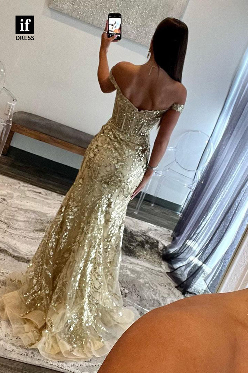 31840 - Attractive Sweetheart Sequins Appliques High Slit Mermaid 2024 Prom Dress