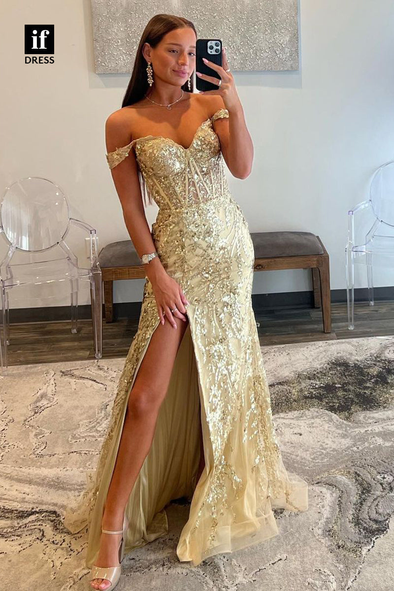 31840 - Attractive Sweetheart Sequins Appliques High Slit Mermaid 2024 Prom Dress