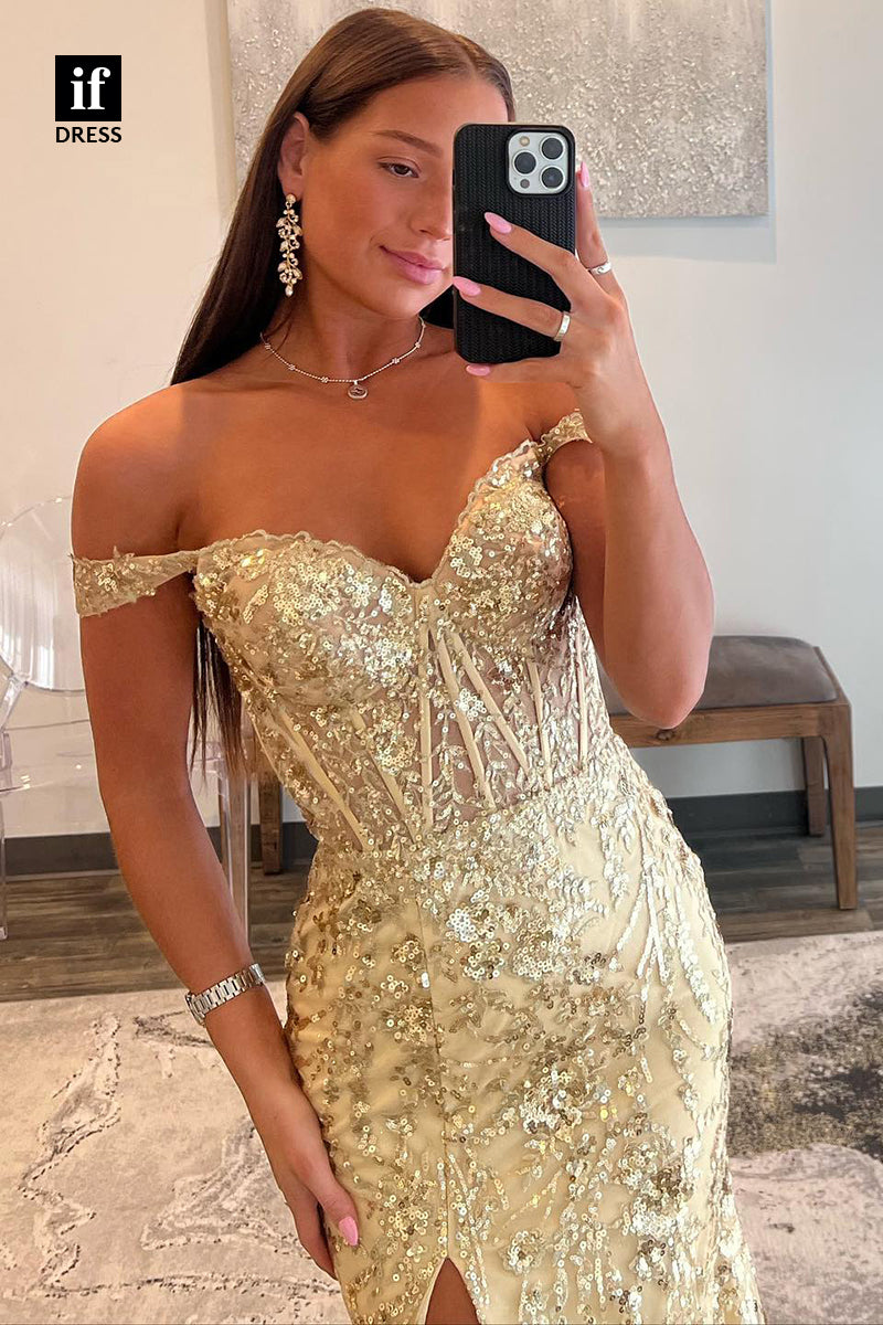 31840 - Attractive Sweetheart Sequins Appliques High Slit Mermaid 2024 Prom Dress